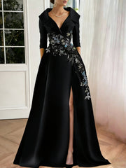A Line Princess Shirt Collar Satin Mother Of The Bride Dresses Half Sleeves Floral Sequins Lace Floor Length With Split Side