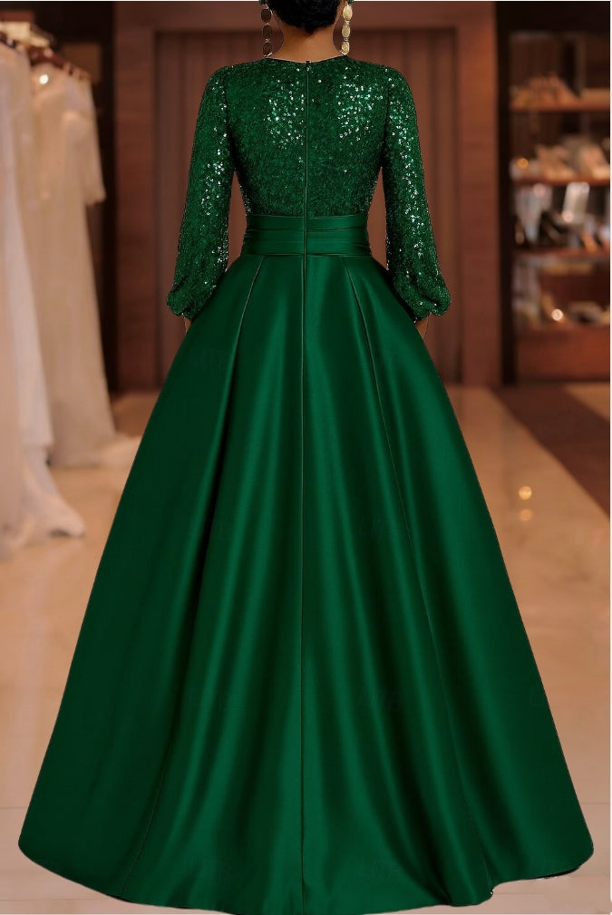 A Line Princess V Neck Satin Mother Of The Bride Dresses Sequins Pocket Long Sleeves Floor Length