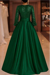 A Line Princess V Neck Satin Mother Of The Bride Dresses Sequins Pocket Long Sleeves Floor Length