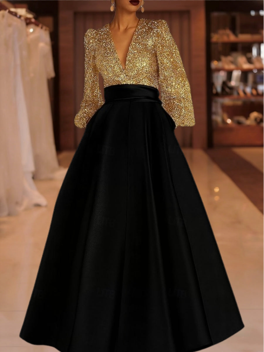 A Line Princess V Neck Satin Mother Of The Bride Dresses Sequins Pocket Long Sleeves Floor Length