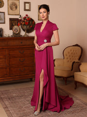 Trumpet Mermaid V Neck Stretch Satin Mother Of The Bride Dresses Floor Length Sweep Train Cap Sleeves Ruffles