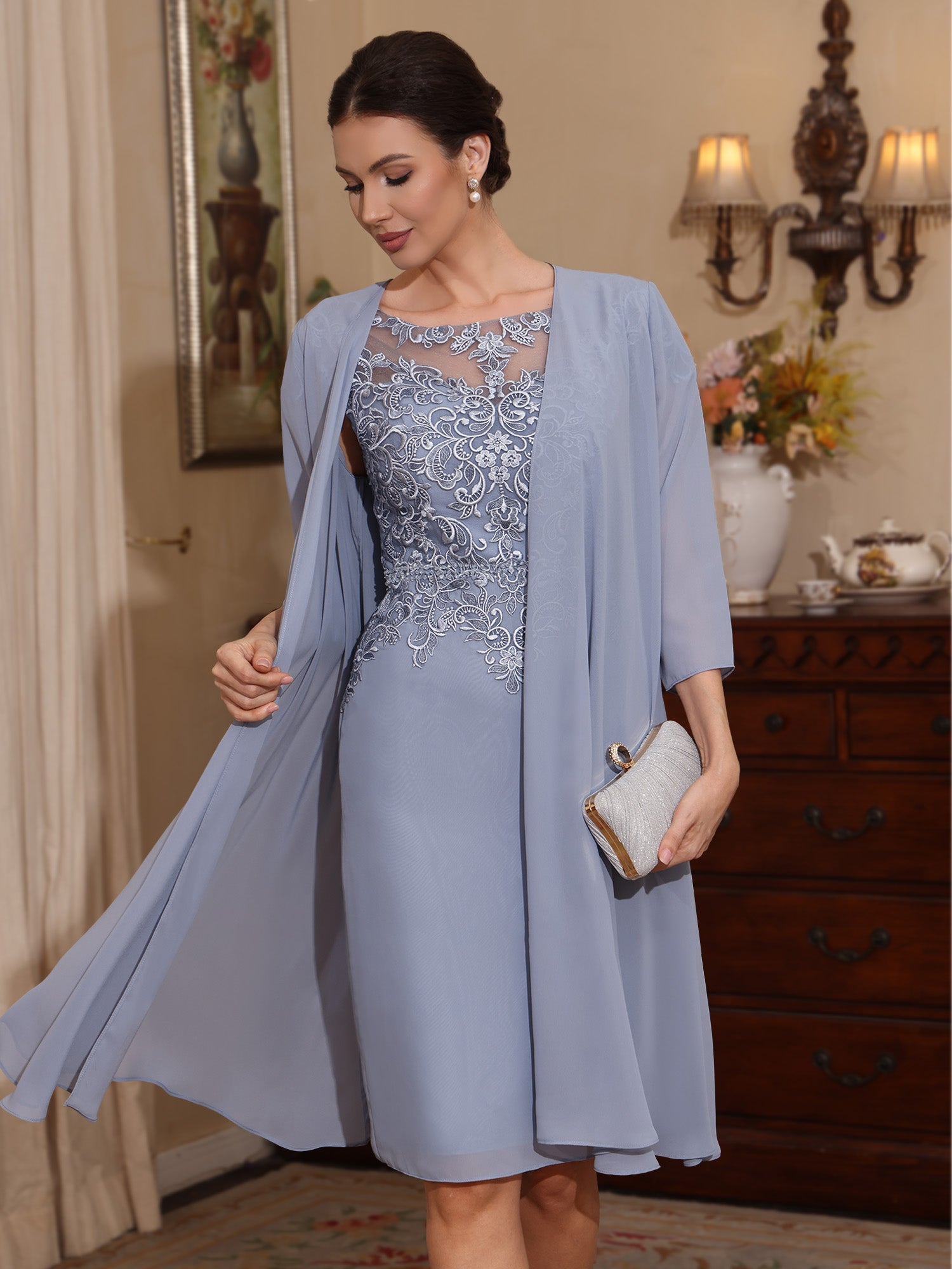 2 Pieces Sheath Column Scoop Chiffon Mother Of The Bride Dresses With Jacket Lace Knee Length 3 4 Sleeves