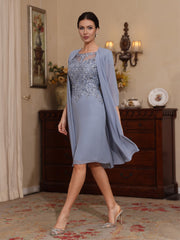 2 Pieces Sheath Column Scoop Chiffon Mother Of The Bride Dresses With Jacket Lace Knee Length 3 4 Sleeves