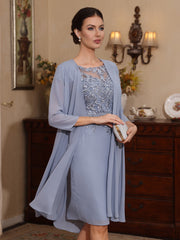 2 Pieces Sheath Column Scoop Chiffon Mother Of The Bride Dresses With Jacket Lace Knee Length 3 4 Sleeves