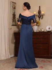 Sheath Column Off The Shoulder Satin Mother Of The Bride Dresses Lace Half Sleeves Floor Length With Split Side