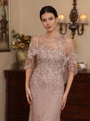 2 Pieces Sheath Column Scoop Lace Mother Of The Bride Dresses With Wrap Beading Floral Half Sleeves Floor Length