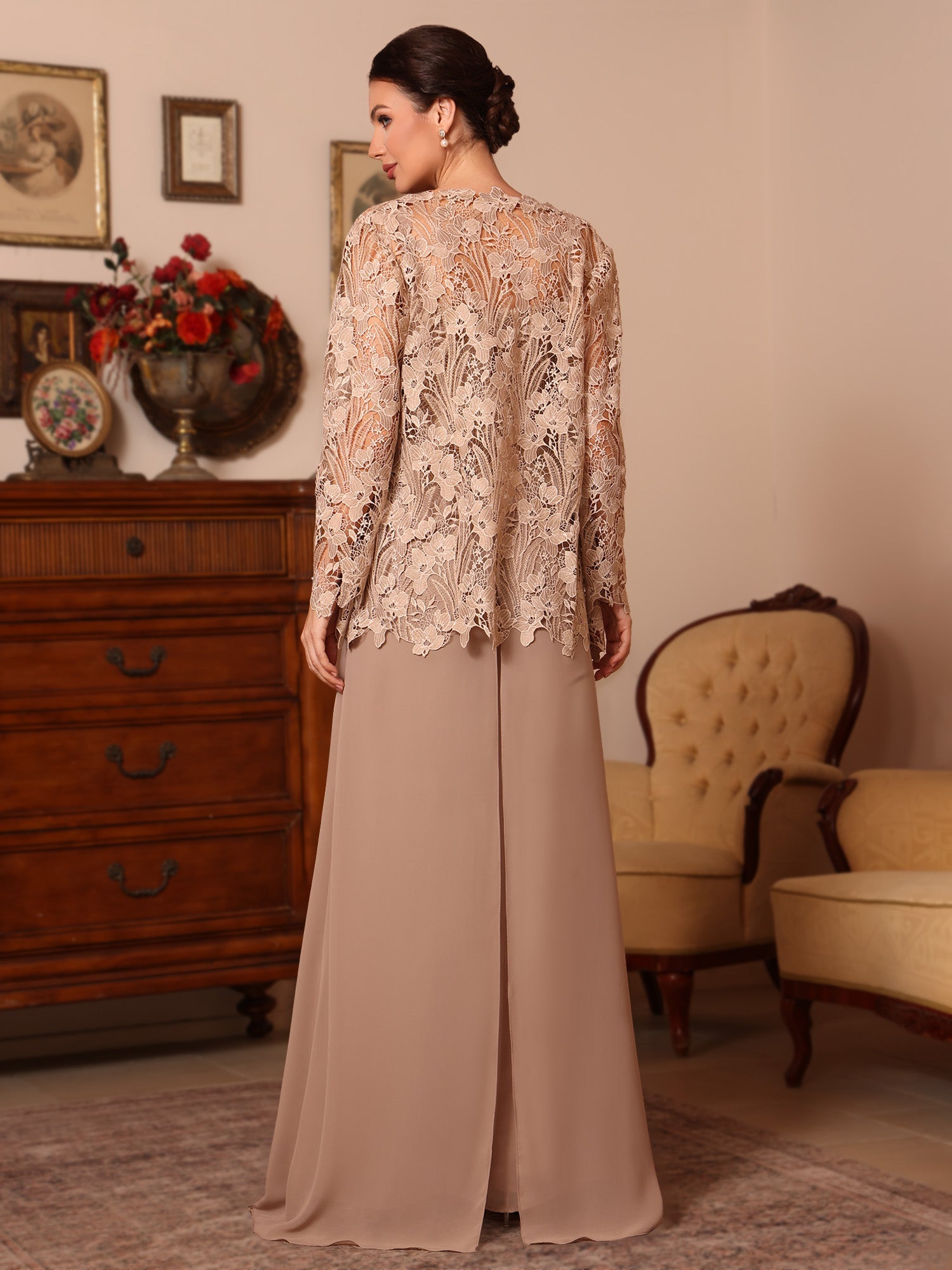 3 Pieces Square Collar Chiffon Mother Of The Bride Pantsuits With Jacket Overskirt Lace Floral Floor Length Long Sleeves