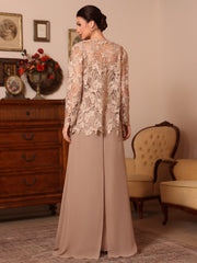 3 Pieces Square Collar Chiffon Mother Of The Bride Pantsuits With Jacket Overskirt Lace Floral Floor Length Long Sleeves