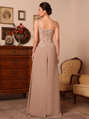 3 Pieces Square Collar Chiffon Mother Of The Bride Pantsuits With Jacket Overskirt Lace Floral Floor Length Long Sleeves
