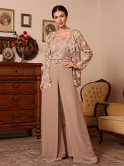3 Pieces Square Collar Chiffon Mother of the Bride Pantsuits with Jacket Overskirt Lace Floral Floor-Length Long Sleeves