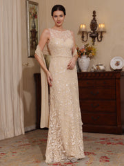2 Pieces Sheath/Column Lace Mother of the Bride Dresses with Shawl Scoop Beading Sleeveless Floor-Length