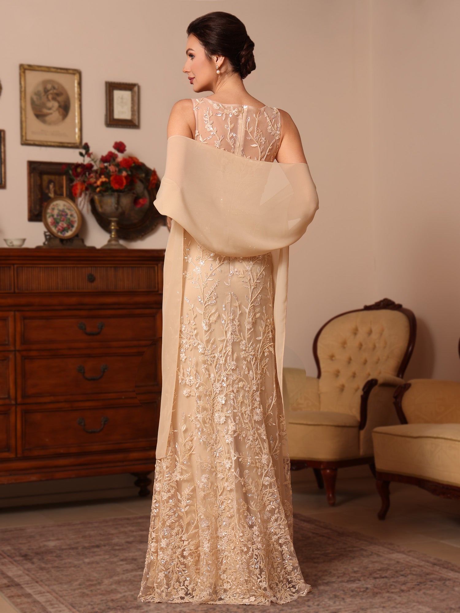 2 Pieces Sheath Column Lace Mother Of The Bride Dresses With Shawl Scoop Beading Sleeveless Floor Length