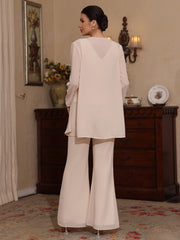 3 Pieces V Neck Chiffon Mother Of The Bride Pantsuits With Jacket Sequins Ankle Length Long Sleeves