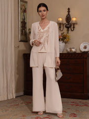 3 Pieces V Neck Chiffon Mother Of The Bride Pantsuits With Jacket Sequins Ankle Length Long Sleeves