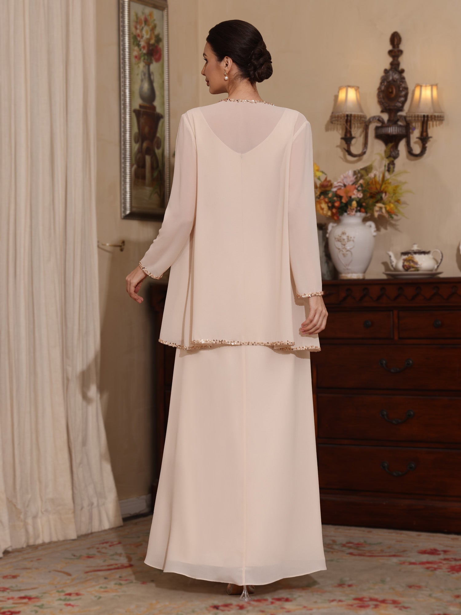 2 Pieces A Line Princess V Neck Chiffon Mother Of The Bride Dresses With Jacket Sequins Ankle Length Long Sleeves