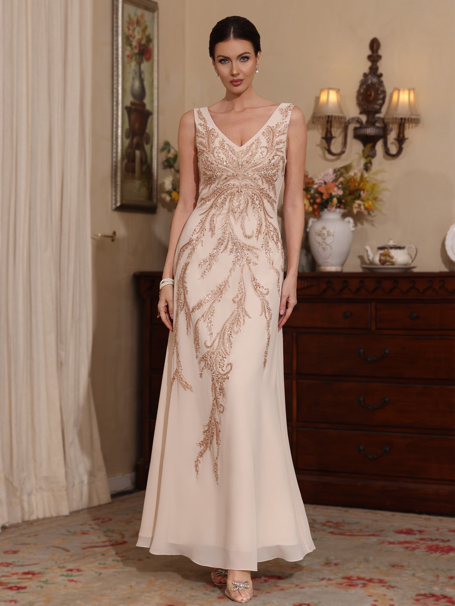 2 Pieces A Line Princess V Neck Chiffon Mother Of The Bride Dresses With Jacket Sequins Ankle Length Long Sleeves