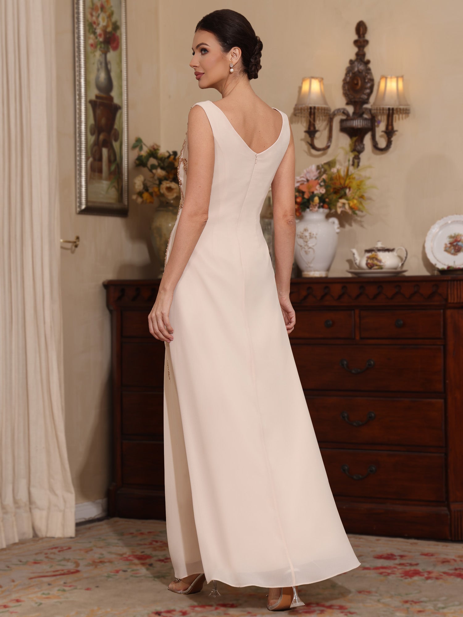 2 Pieces A Line Princess V Neck Chiffon Mother Of The Bride Dresses With Jacket Sequins Ankle Length Long Sleeves