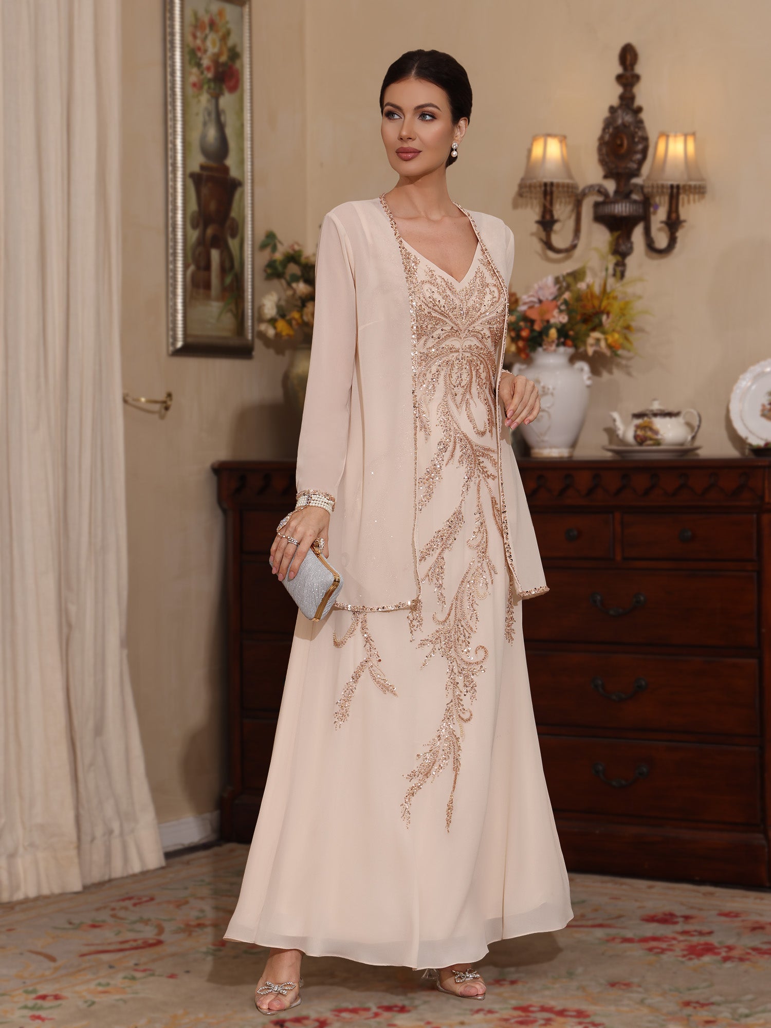 2 Pieces A Line Princess V Neck Chiffon Mother Of The Bride Dresses With Jacket Sequins Ankle Length Long Sleeves