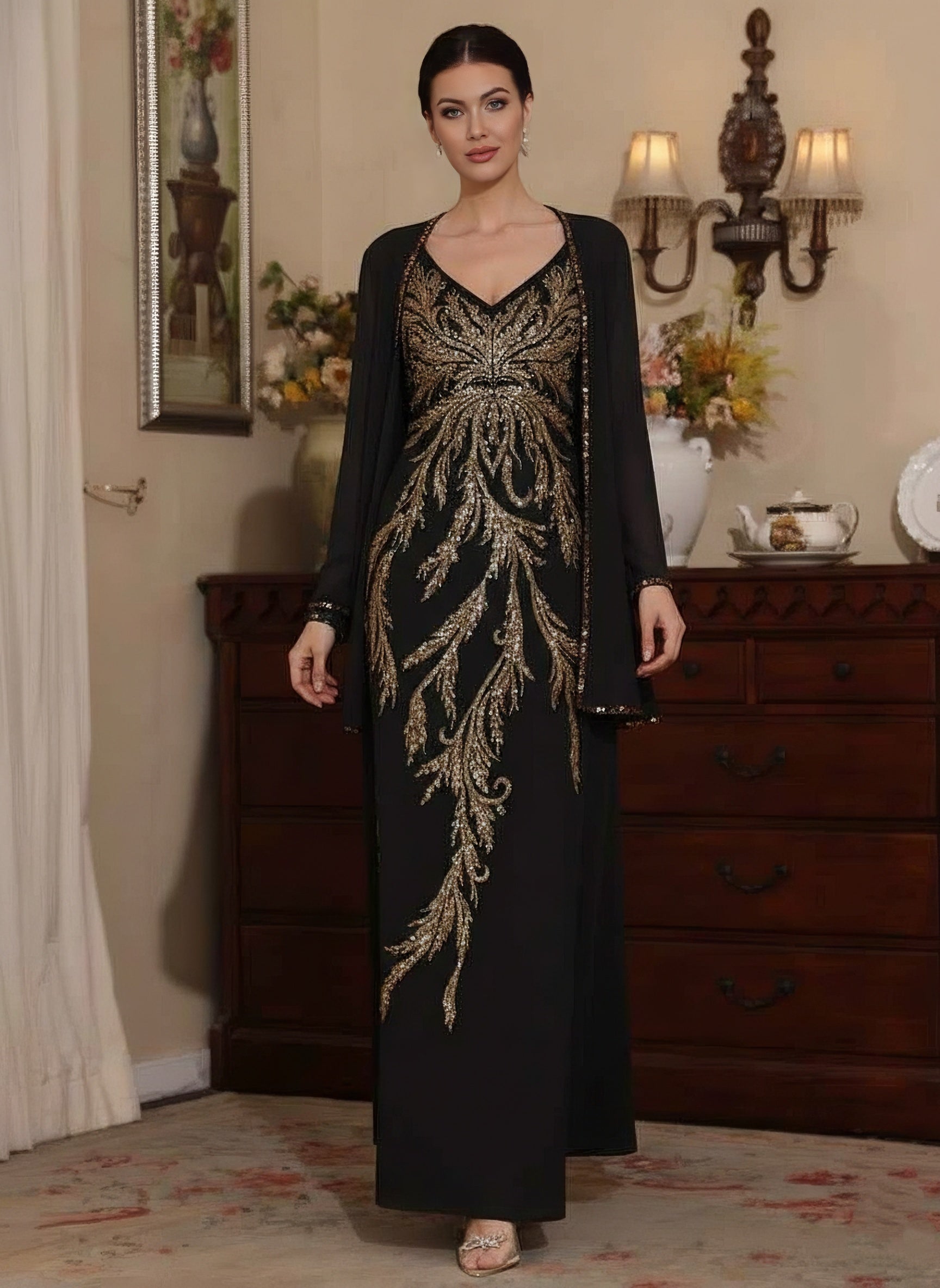 2 Pieces A Line Princess V Neck Chiffon Mother Of The Bride Dresses With Jacket Sequins Ankle Length Long Sleeves