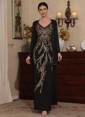2 Pieces A Line Princess V Neck Chiffon Mother Of The Bride Dresses With Jacket Sequins Ankle Length Long Sleeves