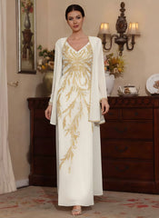 2 Pieces A Line Princess V Neck Chiffon Mother Of The Bride Dresses With Jacket Sequins Ankle Length Long Sleeves