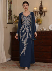 2 Pieces A Line Princess V Neck Chiffon Mother Of The Bride Dresses With Jacket Sequins Ankle Length Long Sleeves