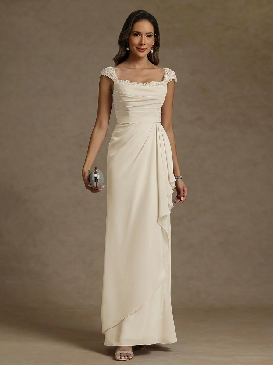 Sheath Column Square Collar Chiffon Mother Of The Bride Dresses Floor Length Ruffles Ruched Sleeveless Lace