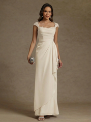 Sheath Column Square Collar Chiffon Mother Of The Bride Dresses Floor Length Ruffles Ruched Sleeveless Lace