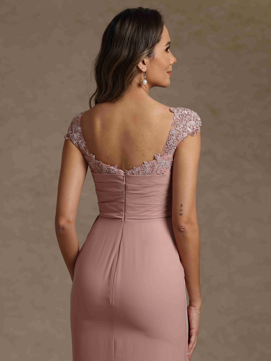 Sheath Column Square Collar Chiffon Mother Of The Bride Dresses Floor Length Ruffles Ruched Sleeveless Lace