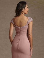 Sheath Column Square Collar Chiffon Mother Of The Bride Dresses Floor Length Ruffles Ruched Sleeveless Lace