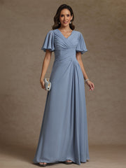 A Line Princess V Neck Chiffon Mother Of The Bride Dresses Floor Length Ruched Short Sleeves