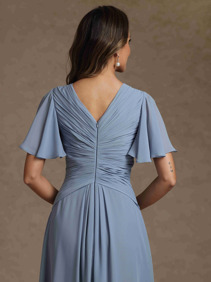 A Line Princess V Neck Chiffon Mother Of The Bride Dresses Floor Length Ruched Short Sleeves