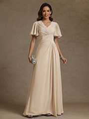 A Line Princess V Neck Chiffon Mother Of The Bride Dresses Floor Length Ruched Short Sleeves