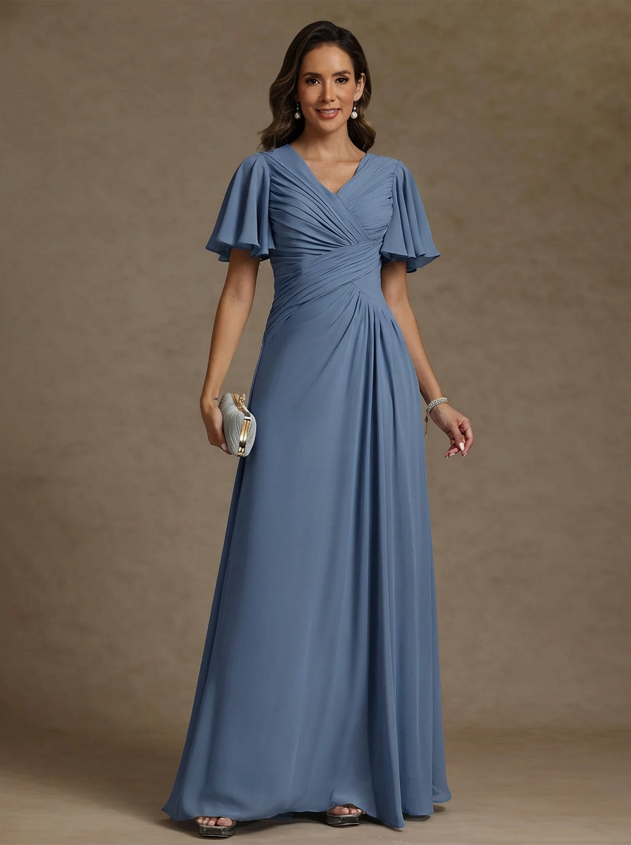 A Line Princess V Neck Chiffon Mother Of The Bride Dresses Floor Length Ruched Short Sleeves