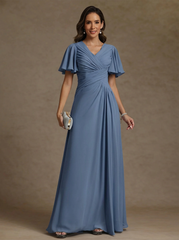 A Line Princess V Neck Chiffon Mother Of The Bride Dresses Floor Length Ruched Short Sleeves