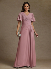 A Line Princess V Neck Chiffon Mother Of The Bride Dresses Floor Length Ruched Short Sleeves
