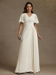 A Line Princess V Neck Chiffon Mother Of The Bride Dresses Floor Length Ruched Short Sleeves