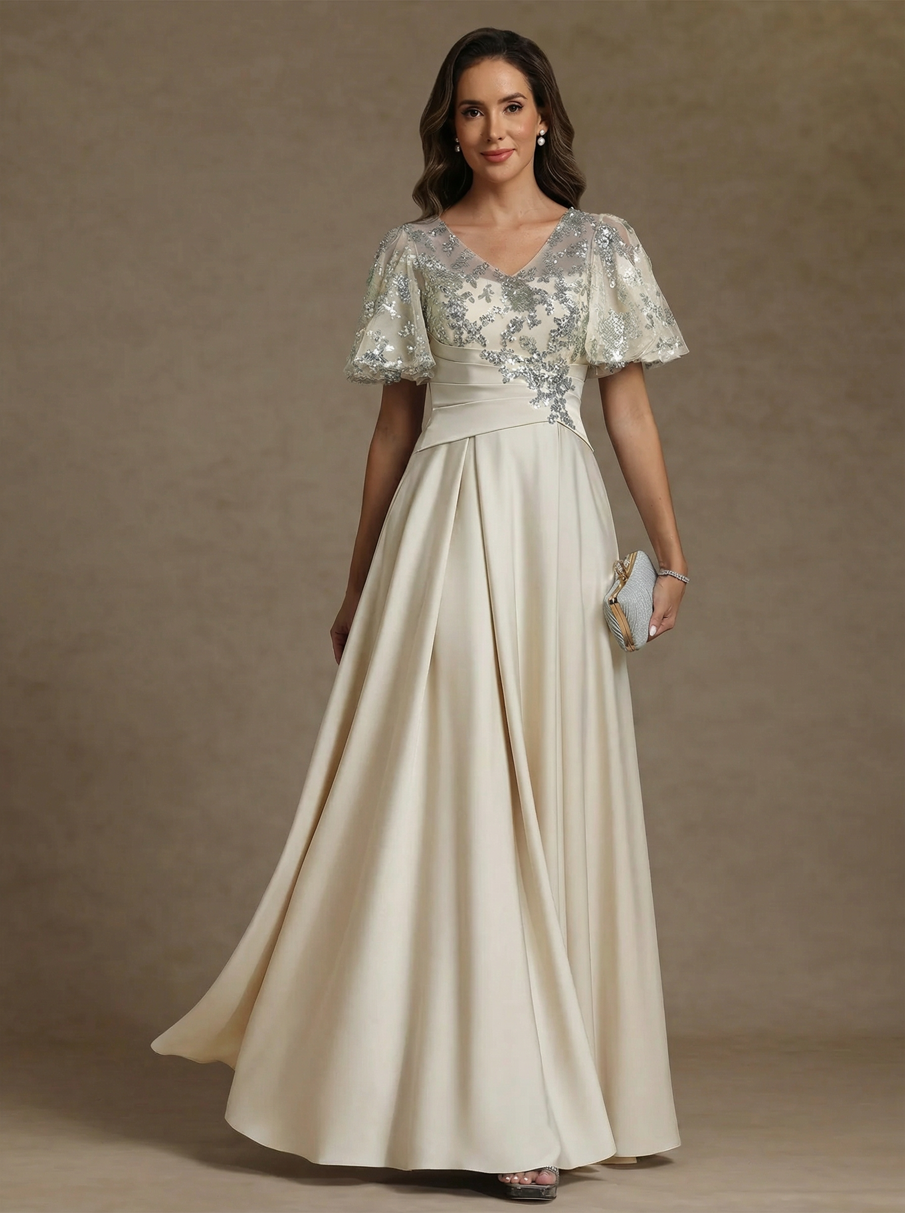 A Line Princess V Neck Acetate Satin Mother Of The Bride Dresses Sequins Floor Length Short Sleeves Ruched