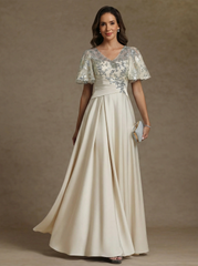 A Line Princess V Neck Acetate Satin Mother Of The Bride Dresses Sequins Floor Length Short Sleeves Ruched