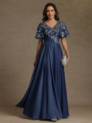 A Line Princess V Neck Acetate Satin Mother Of The Bride Dresses Sequins Floor Length Short Sleeves Ruched