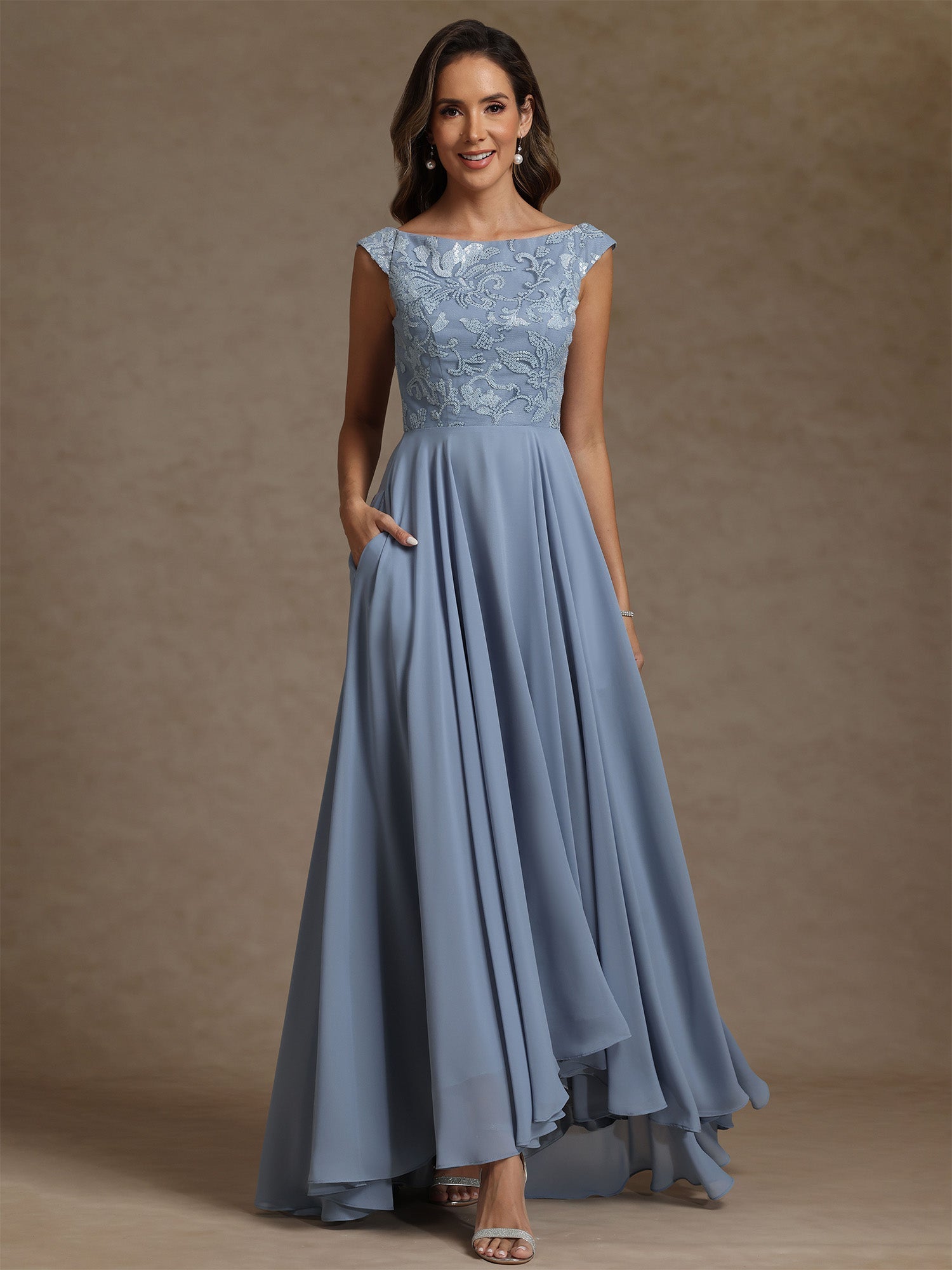 A Line Princess Scoop Chiffon Mother Of The Bride Dresses Lace Sequins Floor Length Sleeveless Pleated