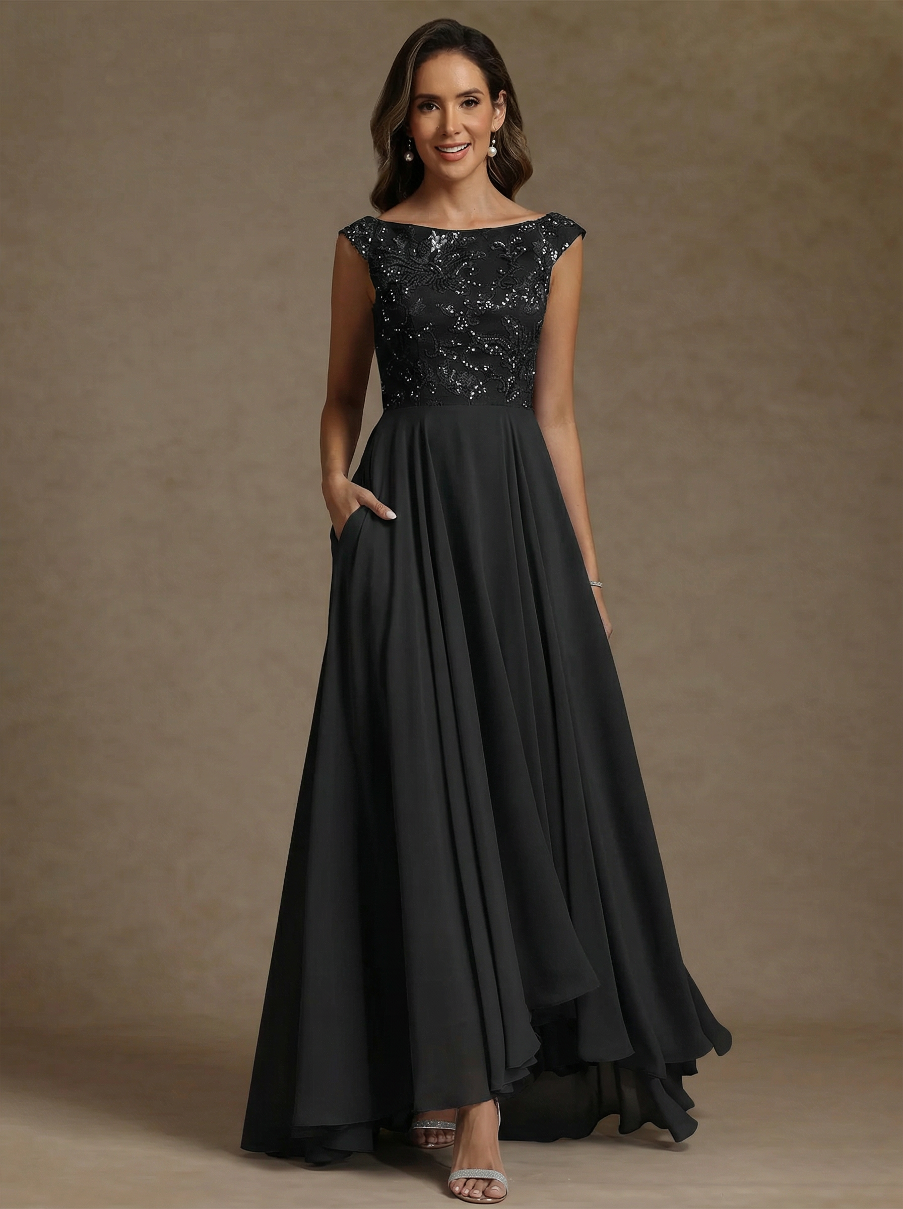A Line Princess Scoop Chiffon Mother Of The Bride Dresses Lace Sequins Floor Length Sleeveless Pleated