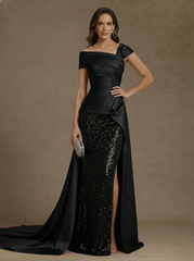 Sheath Column Off The Shoulder Satin Mother Of The Bride Dresses With Split Side Sequins Sleeveless Floor Length Ruched