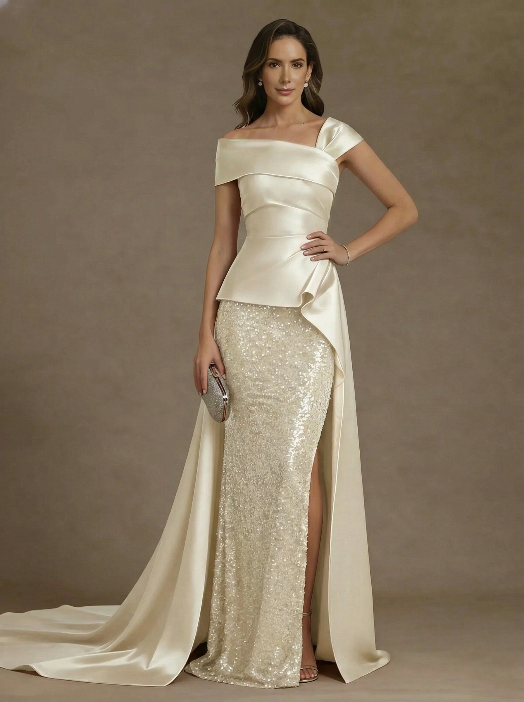 Sheath Column Off The Shoulder Satin Mother Of The Bride Dresses With Split Side Sequins Sleeveless Floor Length Ruched