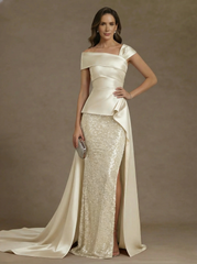 Sheath Column Off The Shoulder Satin Mother Of The Bride Dresses With Split Side Sequins Sleeveless Floor Length Ruched