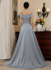 Sheath Column Off The Shoulder Satin Mother Of The Bride Dresses With Overskirt Sleeveless Floor Length Lace Bowknot