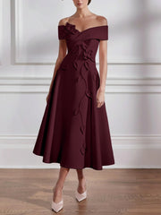 A Line Princess Off The Shoulder Stretch Satin Mother Of The Bride Dresses With 3D Flower Tea Length Floral Sleeveless