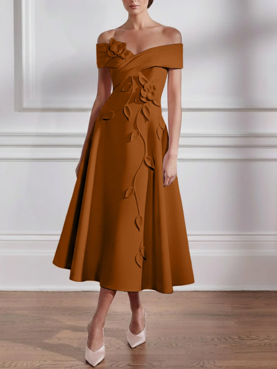 A Line Princess Off The Shoulder Stretch Satin Mother Of The Bride Dresses With 3D Flower Tea Length Floral Sleeveless