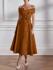 A Line Princess Off The Shoulder Stretch Satin Mother Of The Bride Dresses With 3D Flower Tea Length Floral Sleeveless
