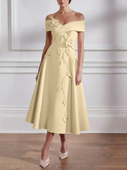 A-Line/Princess Off-the-shoulder Stretch Satin Mother of the Bride Dresses with 3D Flower Tea-Length Floral Sleeveless